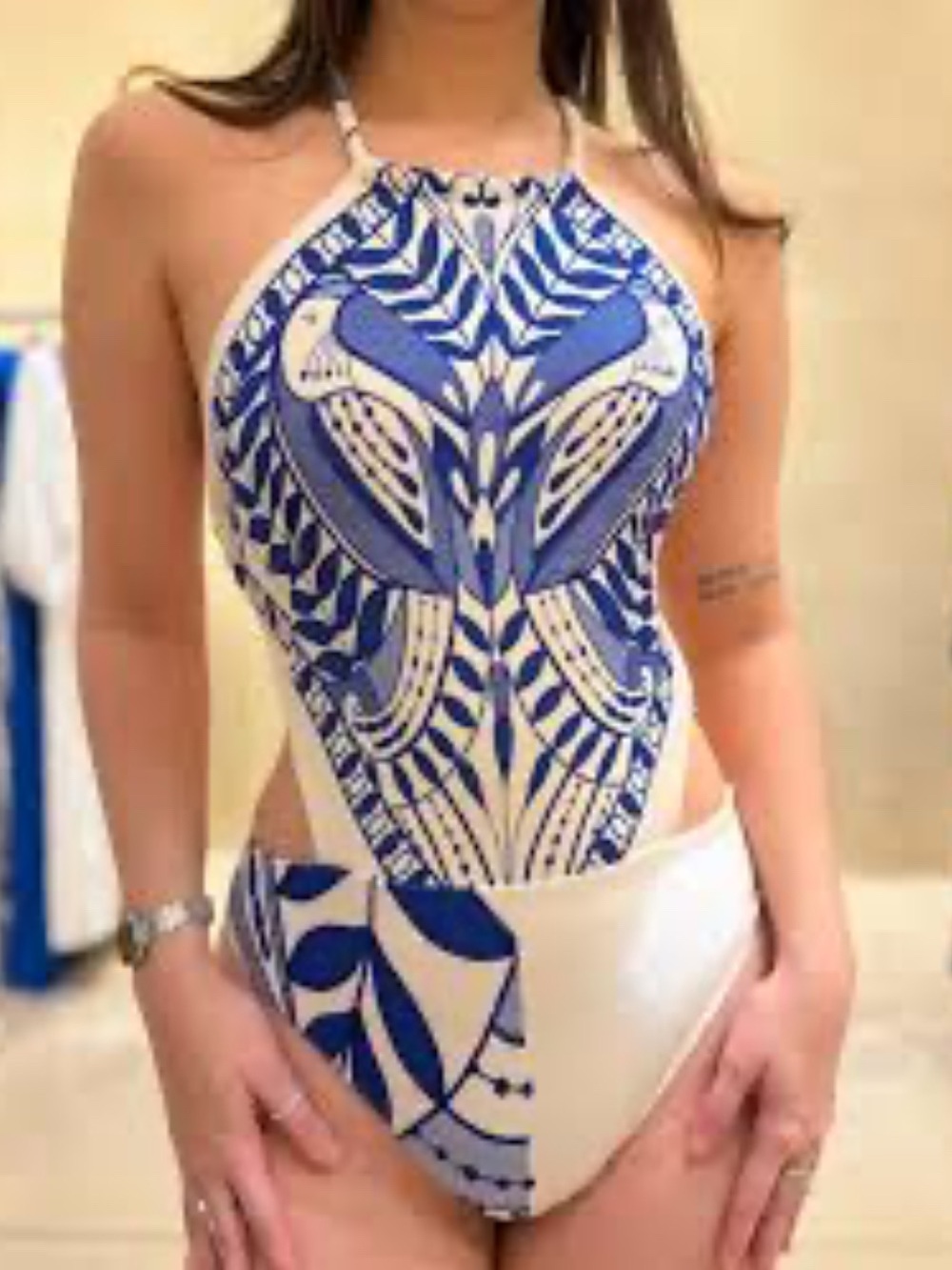 FARM RIO Ivory/Blue Samambaia E" foliage print halter neck Open Back
Swimsuit S - Picture 1 of 11